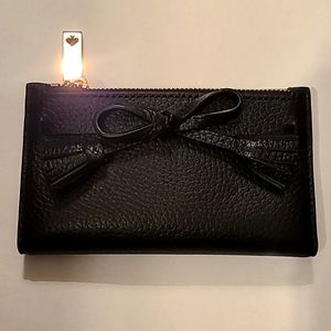 New Kate Spade Slim Wallet, black leather, peach interior, & bow embelishment
